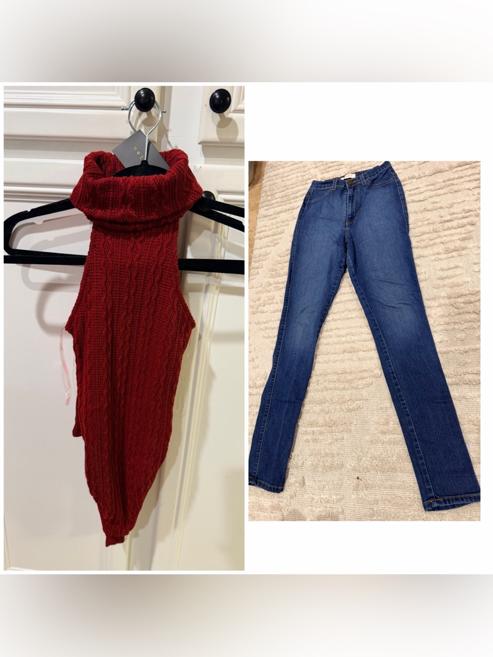 Cable Knit Turtleneck Sleeveless Sweater Vest - Red and Jeans